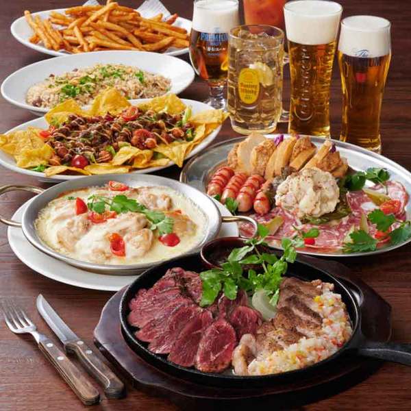 《BEER&GRILL》飲み放題2,5時間!牛ハラミ&四元豚のグリルとチキンのガーリックフォンデユ風