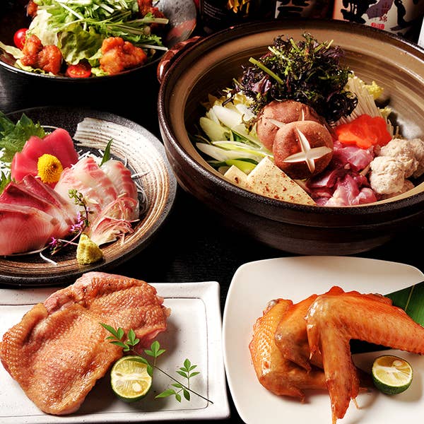 豪華に宴会♪焼鳥&名古屋コーチンのお鍋他+3時間飲み放題付☆全9品⇒【5000円】